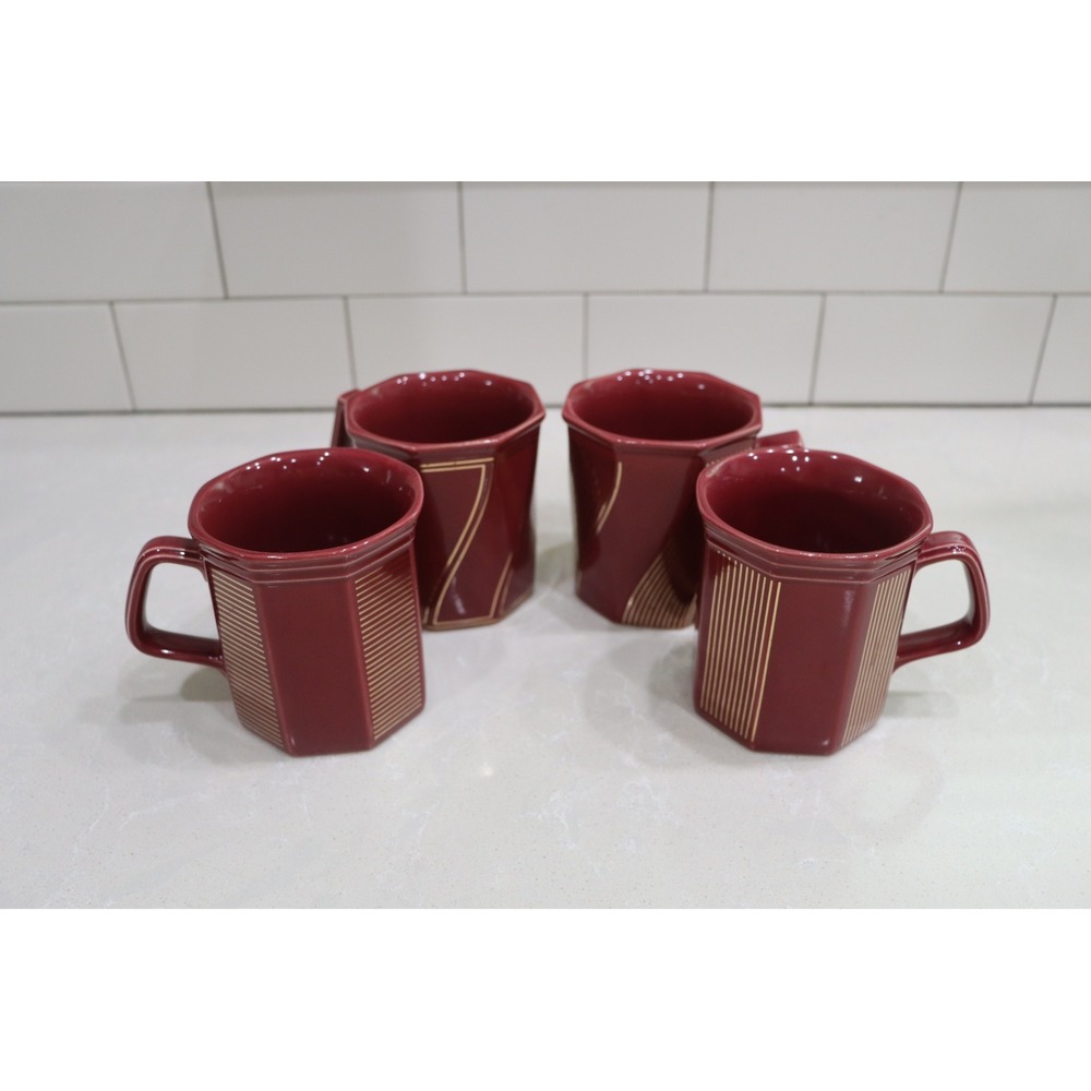 Vintage Burgundy Red Octagonal Coffee Mugs Gold Pinstripe Set of 4 Japan Ceramic